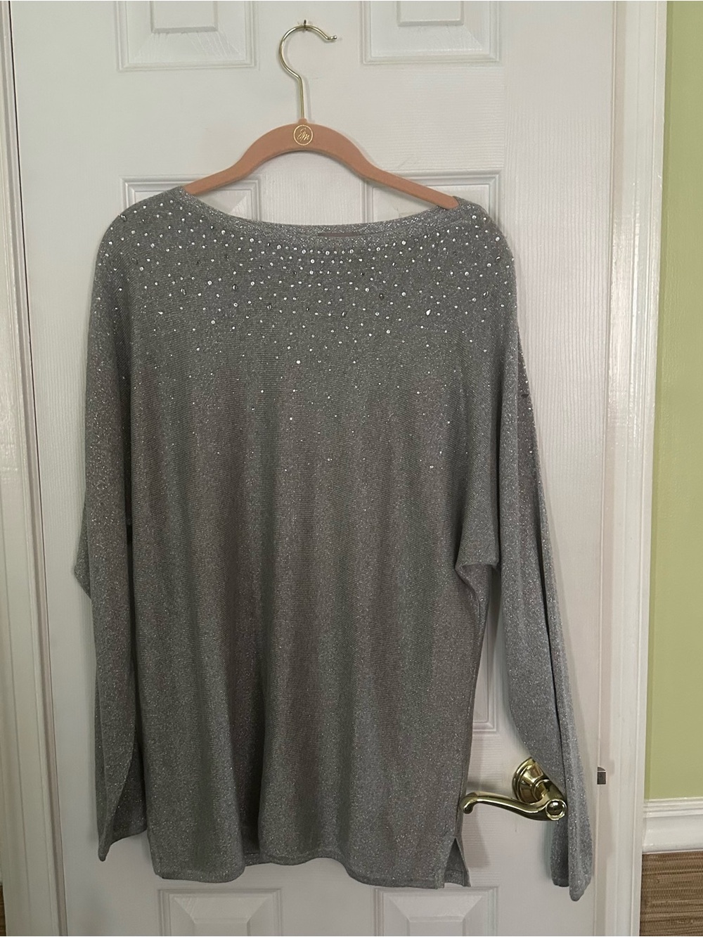 Chico's Sparkle Gray Embellished Boatneck Sweater